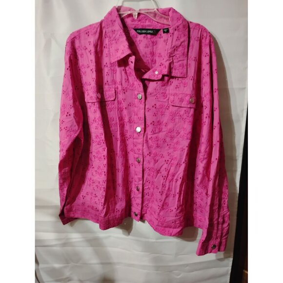 Colleen Lopez bright pink snap front blouse jacket 2XL eyelet design 100% cotton - Picture 1 of 8